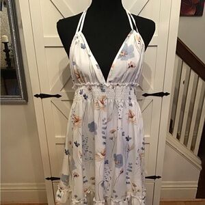 Elegant Floral Midi Dress in White and Blue